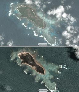 Before and after shot of Mango Island following the 2022 tsunami. Image: Planet Ltd